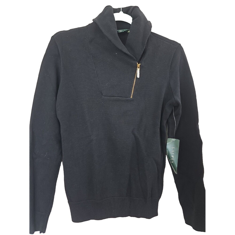 Lauren Ralph Lauren Women’s M Black Cotton Quarter Zip Sweater Mock Neck New
